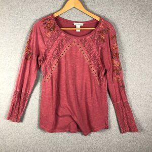 Sundance Embroidered Lace Long Sleeve Tee Shirt Size Large